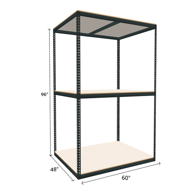 wide boltless shelving unit measuring 96 by 48 by 60 with three white melamine shelves