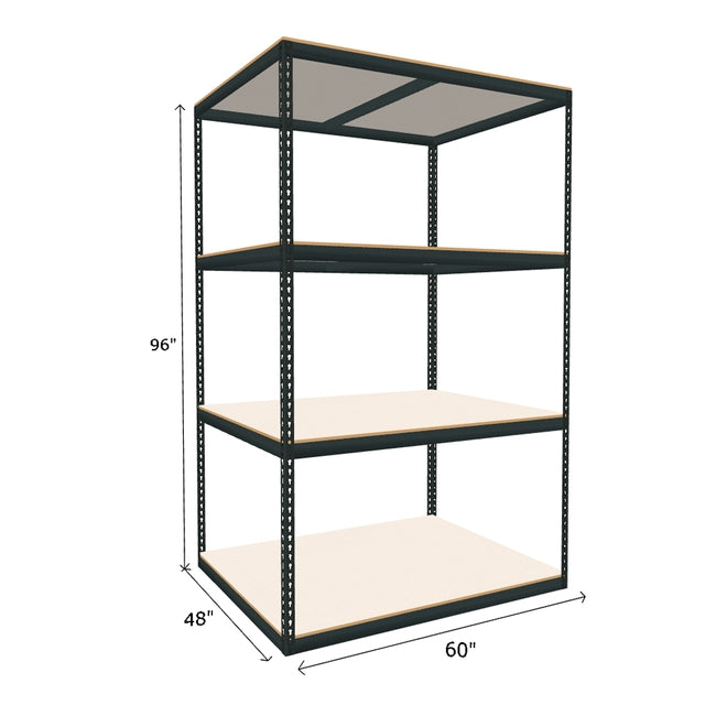 wide boltless shelving unit measuring 96 by 48 by 60 with four white melamine shelves