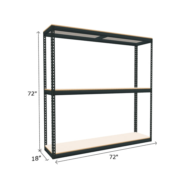 boltless shelving unit measuring 72 by 18 by 72 with three white melamine shelves