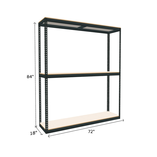 boltless shelving unit measuring 84 by 18 by 72 with three white melamine shelves