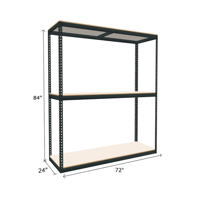 boltless shelving unit measuring 84 by 24 by 72 with three white melamine shelves