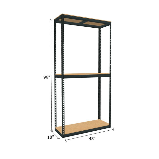 boltless shelving with 3 particle board shelves measuring 96 by 18 by 48