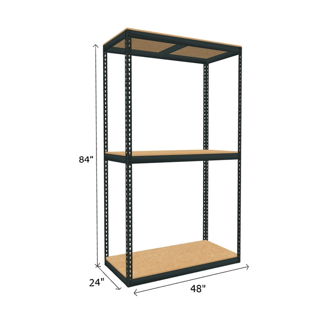 boltless shelving with 3 particle board shelves measuring 84 by 24 by 48