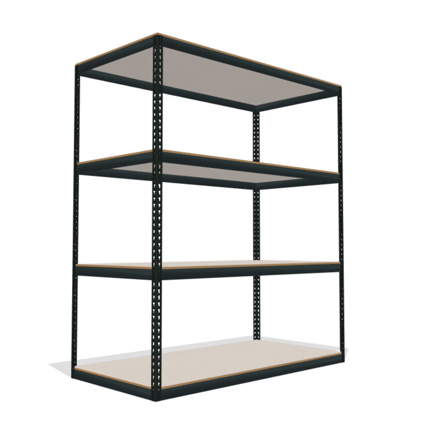 wide boltless shelving unit with four white melamine shelves