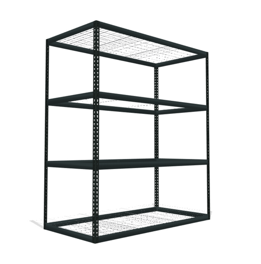 wide boltless shelving unit with mesh decking