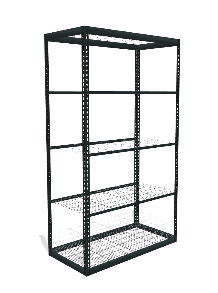 Space saver boltless shelving with mesh decking black steel posts