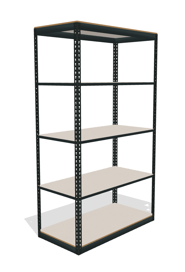 five white melamine shelves on a boltless shelving unit