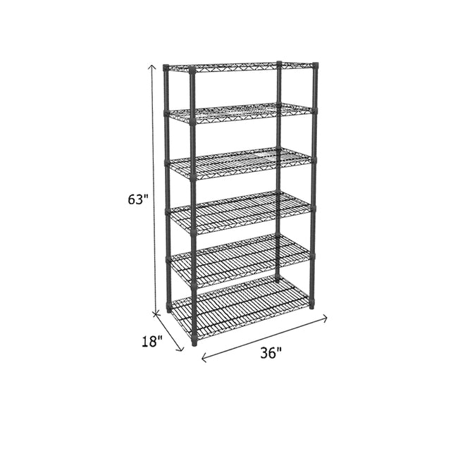 black wire shelving unit with five shelves measuring 63 x 18 x 36