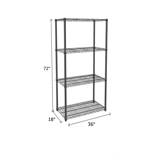 black wire shelving unit, four shelves measuring 72 x 18 x 36