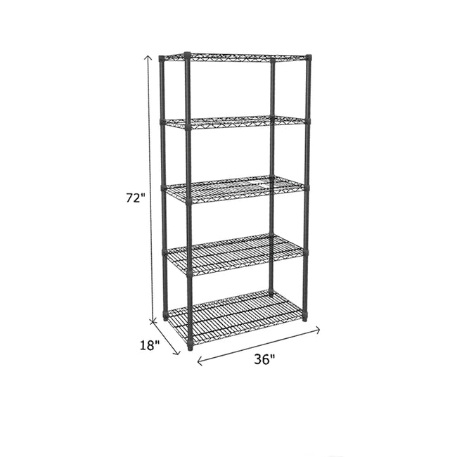 black wire shelving unit, five shelves measuring 72 x 18 x 36