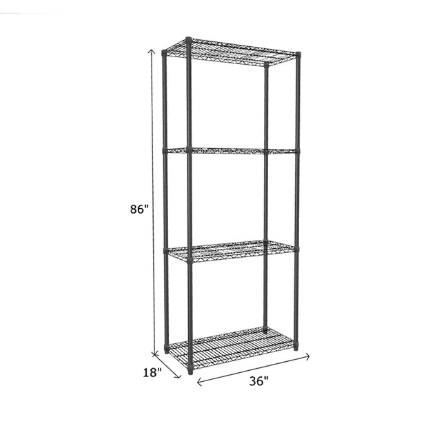 tall black wire shelving unit, 4 shelves measuring 86 x 18 x 36