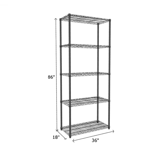 tall black wire shelving unit 5 shelves measuring 86 x 18 x 36