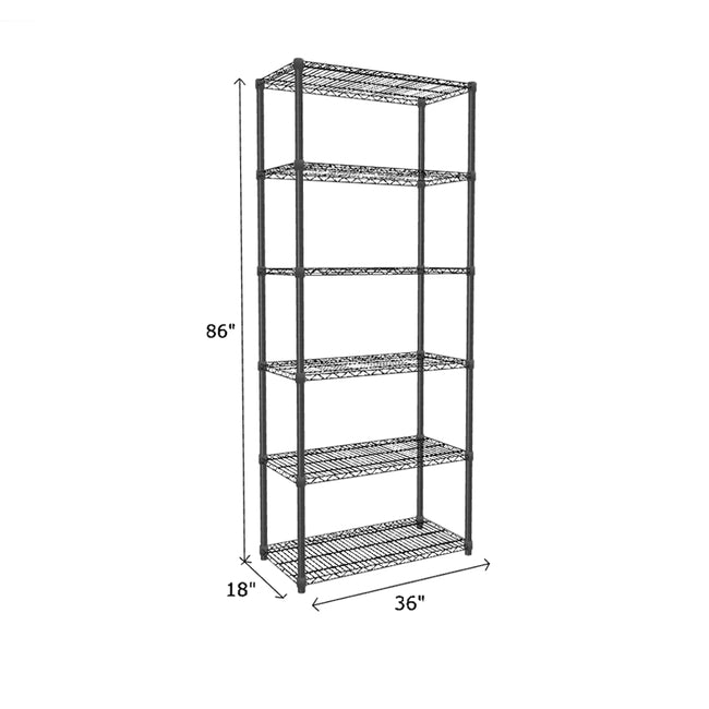 tall black wire shelving unit 6 shelves measuring 86 x 18 x 36