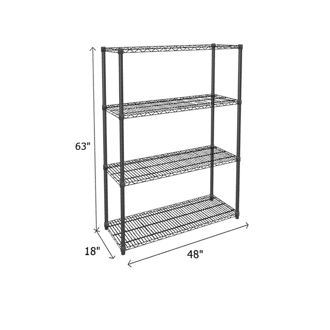 wide black wire shelving unit measuring 63 x 18 x 48