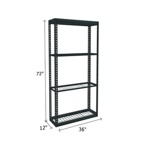Space saver boltless shelving with mesh decking black steel posts