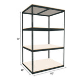 wide boltless shelving unit measuring 96 by 48 by 60 with four white melamine shelves