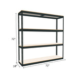 boltless shelving unit measuring 72 by 18 by 72 with four white melamine shelves