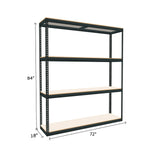 boltless shelving unit measuring 84 by 18 by 72 with four white melamine shelves