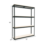 boltless shelving unit measuring 96 by 18 by 72 with four white melamine shelves