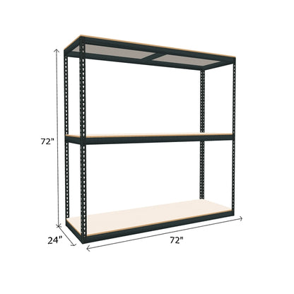 boltless shelving unit measuring 72 by 18 by 72 with three white melamine shelves