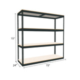 boltless shelving unit measuring 72 by 24 by 72 with four white melamine shelves