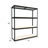 boltless shelving unit measuring 84 by 24 by 72 with four white melamine shelves