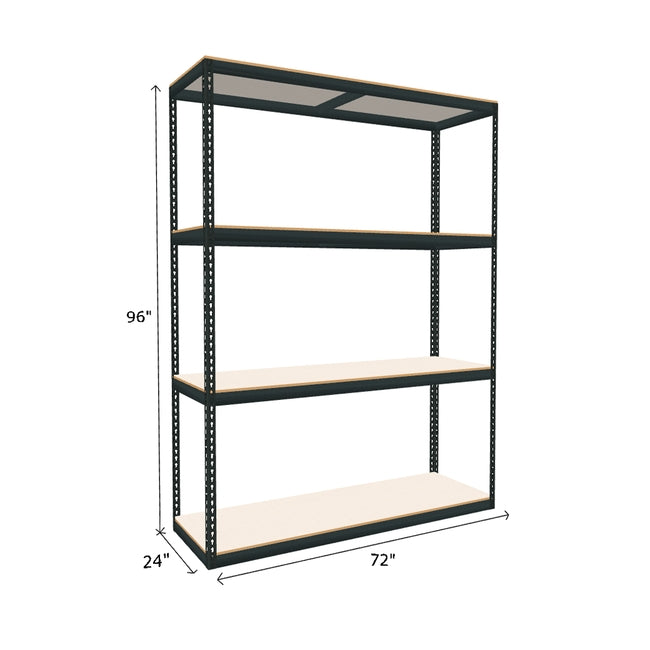 boltless shelving unit measuring 96 by 24 by 72 with four white melamine shelves