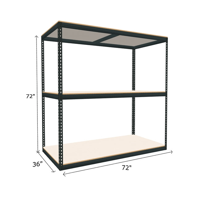 boltless shelving unit measuring 72 by 36 by 72 with three white melamine shelves