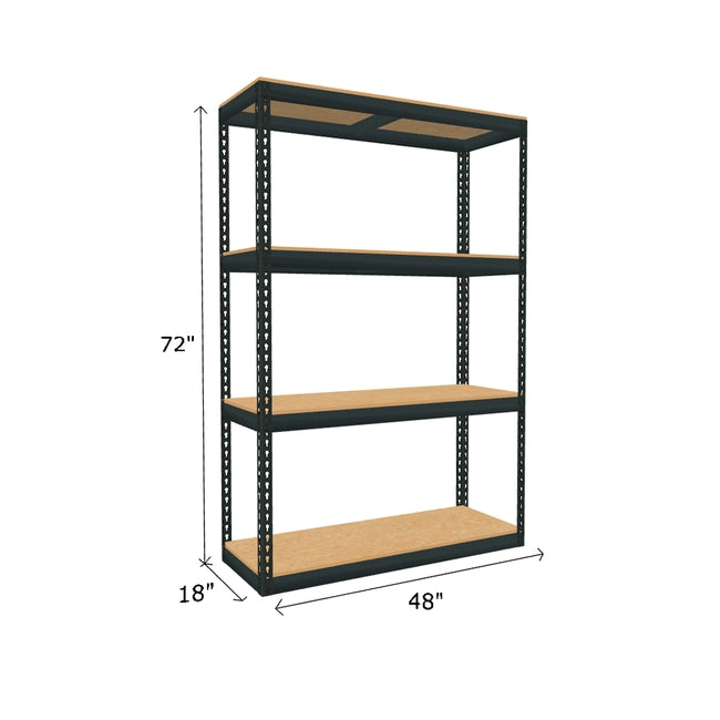boltless shelving with 4 particle board shelves measuring 72 by 18 by 48