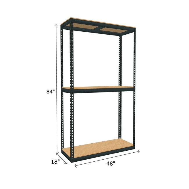 boltless shelving with 3 particle board shelves measuring 84 by 18 by 48