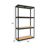 boltless shelving with 4 particle board shelves measuring 84 by 18 by 48