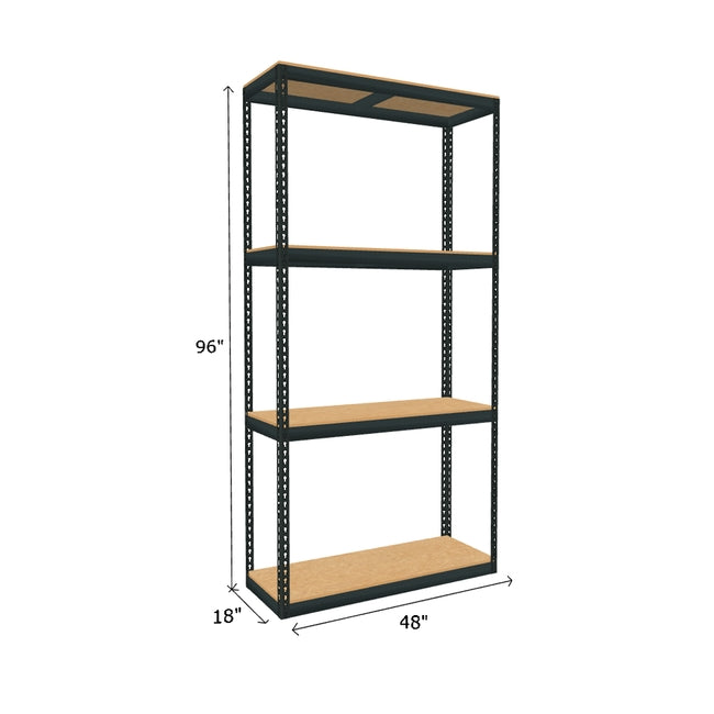 boltless shelving with 4 particle board shelves measuring 96 by 18 by 48