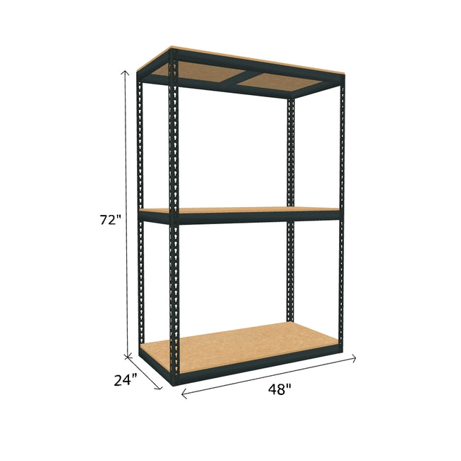 boltless shelving with 3 particle board shelves measuring 72 by 24 by 48