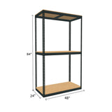 boltless shelving with 3 particle board shelves measuring 84 by 24 by 48