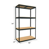 boltless shelving with 4 particle board shelves measuring 84 by 24 by 48