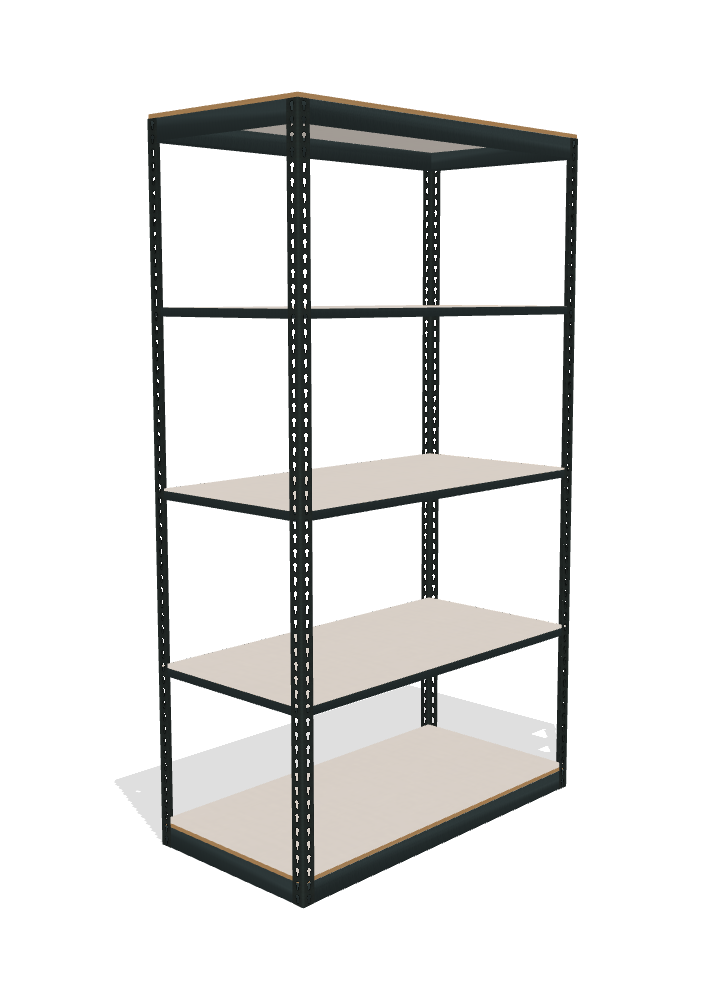 space saver boltltess helving with 5 shelves and laminated board decking
