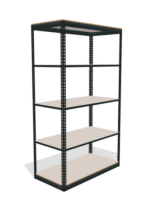 space saver boltltess helving with 5 shelves and laminated board decking