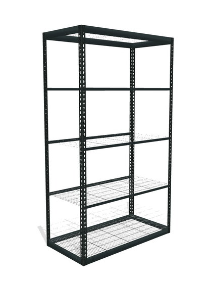 Space saver boltless shelving with mesh decking black steel posts