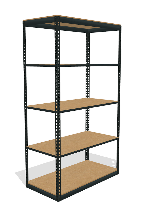 Five particle board shelves on a boltltess shelving unti