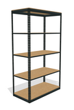 Five particle board shelves on a boltltess shelving unti