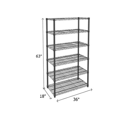 black wire shelving unit with five shelves measuring 63 x 18 x 36