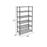 black wire shelving unit with five shelves measuring 63 x 18 x 36