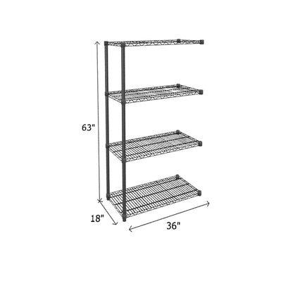end unit of black wire shelving measuring 63 by 18 by 36