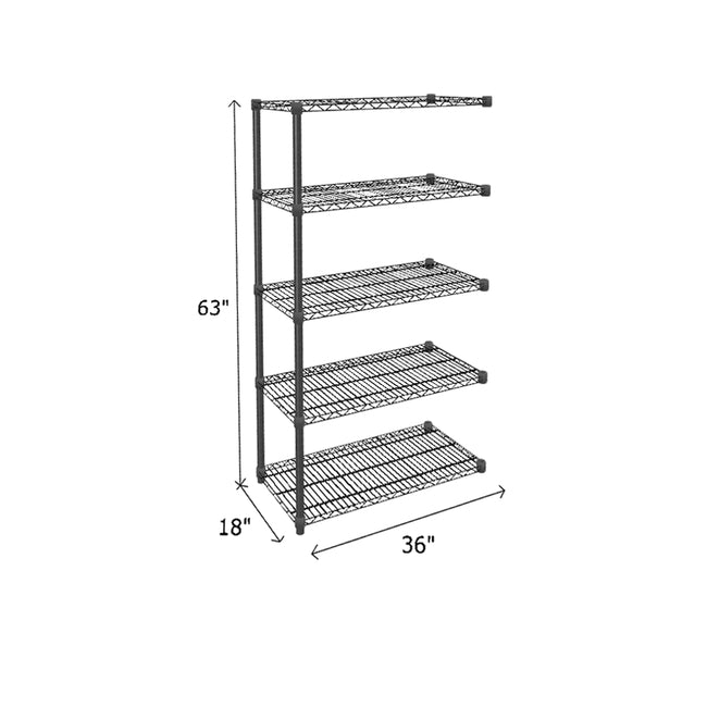 end unit of black wire shelving with 5 mesh shelves