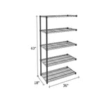 end unit of black wire shelving with 5 mesh shelves