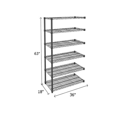 end unit of black wire shelving with six wire mesh shelves