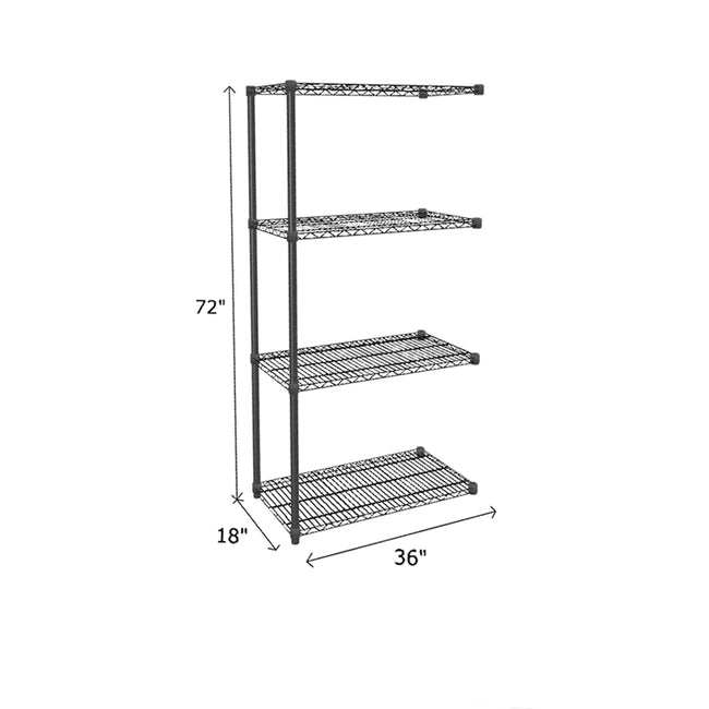 end unit of black wire mesh shelving measuring 72 by 18 by 36 with four shelves