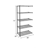 black wire shelving end unit measuring 72 by 18 by 36 with 5 shelves