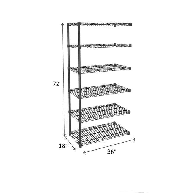black wire shelving end unit with six shelves  measuring 72 by 18 by 36