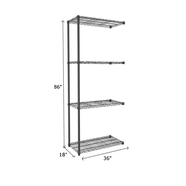 black wire shelving end unit measuring 86 by 18 by 36 with four shelves
